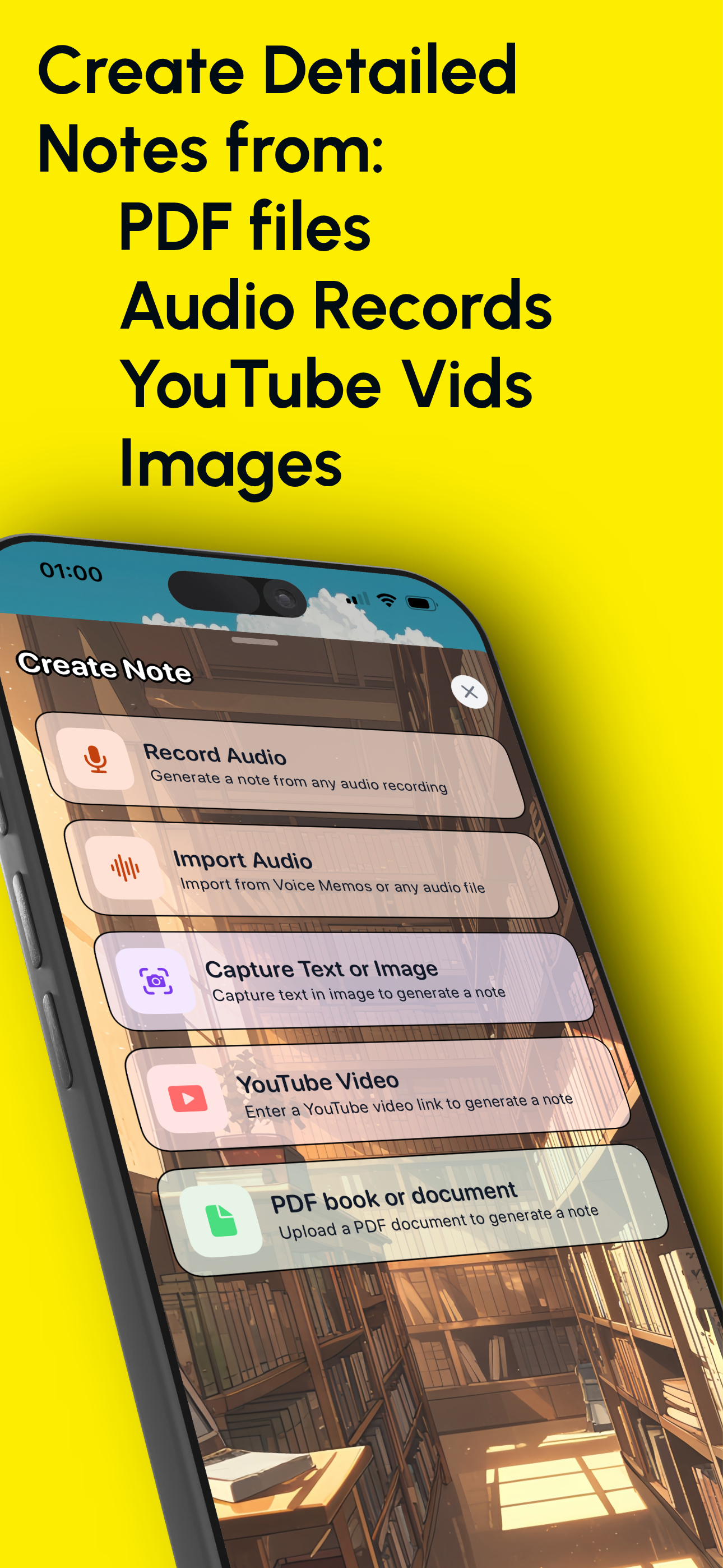 Create notes from PDFs, audio recordings, YouTube videos, and images